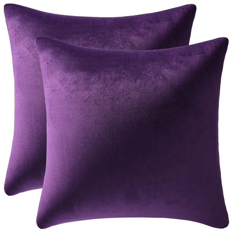 DEZENE 18x18 Throw Pillow Cases Purple: 2 Pack Cozy Soft Velvet Square Decorative Pillow Covers for Farmhouse Home Decor - Image 1